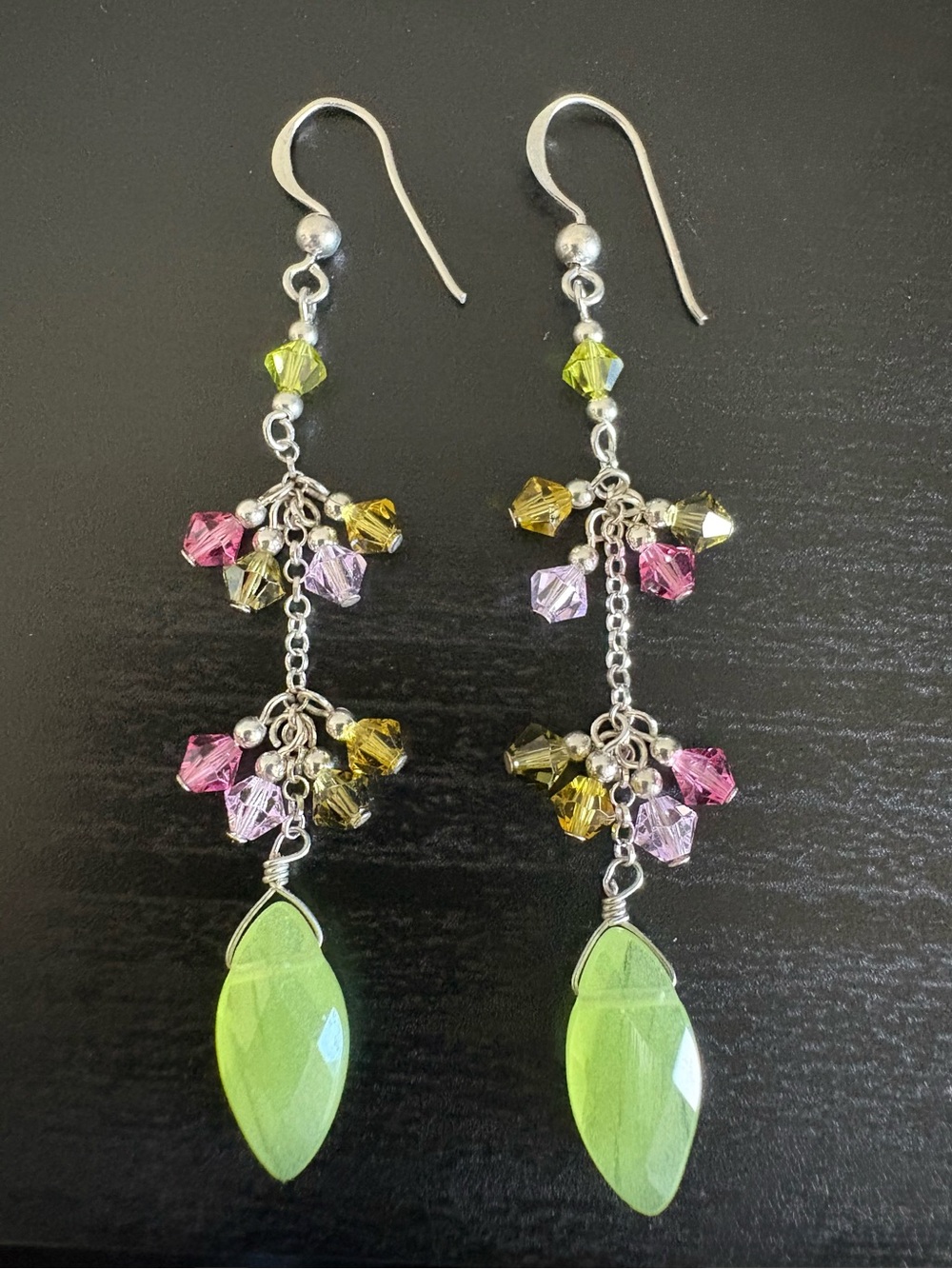Pink and Green Crystal Drop 925 Silver Earrings